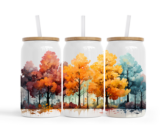 Watercolor Trees White Glass Tumbler 16oz.