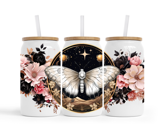 Celestial Floral Moth White Glass Tumbler 16oz.